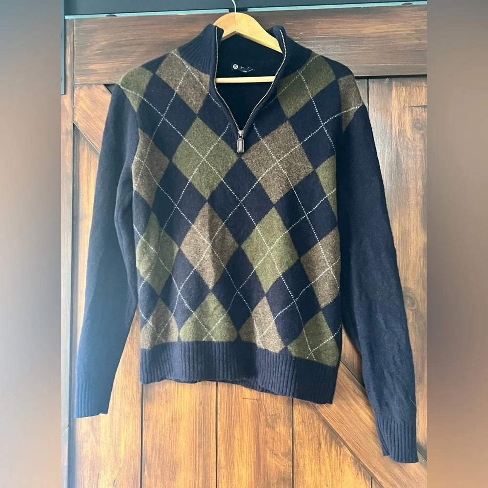 J‎ Crew Mens Argyle Half Zip Sweater Wool Medium Navy Olive Brown Pullover